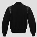  retro black varsity jacket with black leather trim back side with white background