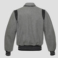 Retro grey wool varsity jacket with black trim back side with white background