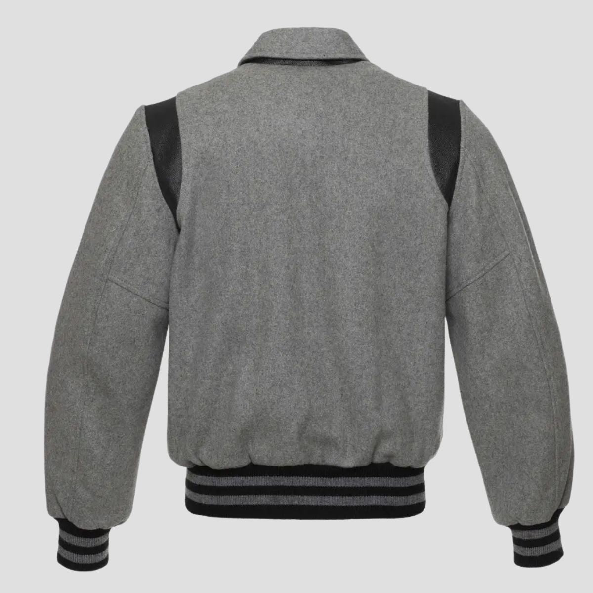 Retro grey wool varsity jacket with black trim back side with white background