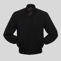All black wool varsity letterman jacket for men with snap button front, ribbed cuffs, soft lining, and classic streetwear style.
