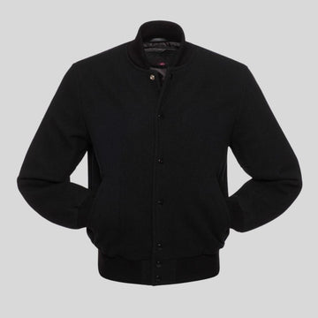 All black wool varsity letterman jacket for men with snap button front, ribbed cuffs, soft lining, and classic streetwear style.