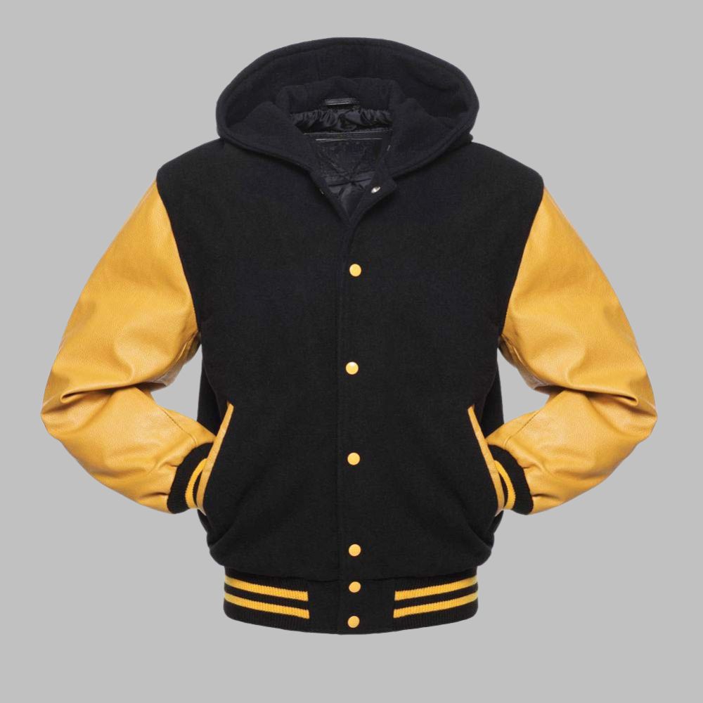 Black and yellow varsity jacket with a hood on a gray background