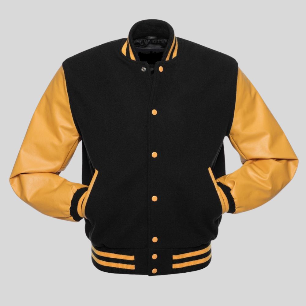 Black gold wool and vinyl varsity jacket for men with yellow sleeves, snap buttons, striped rib cuffs, and classic letterman style.