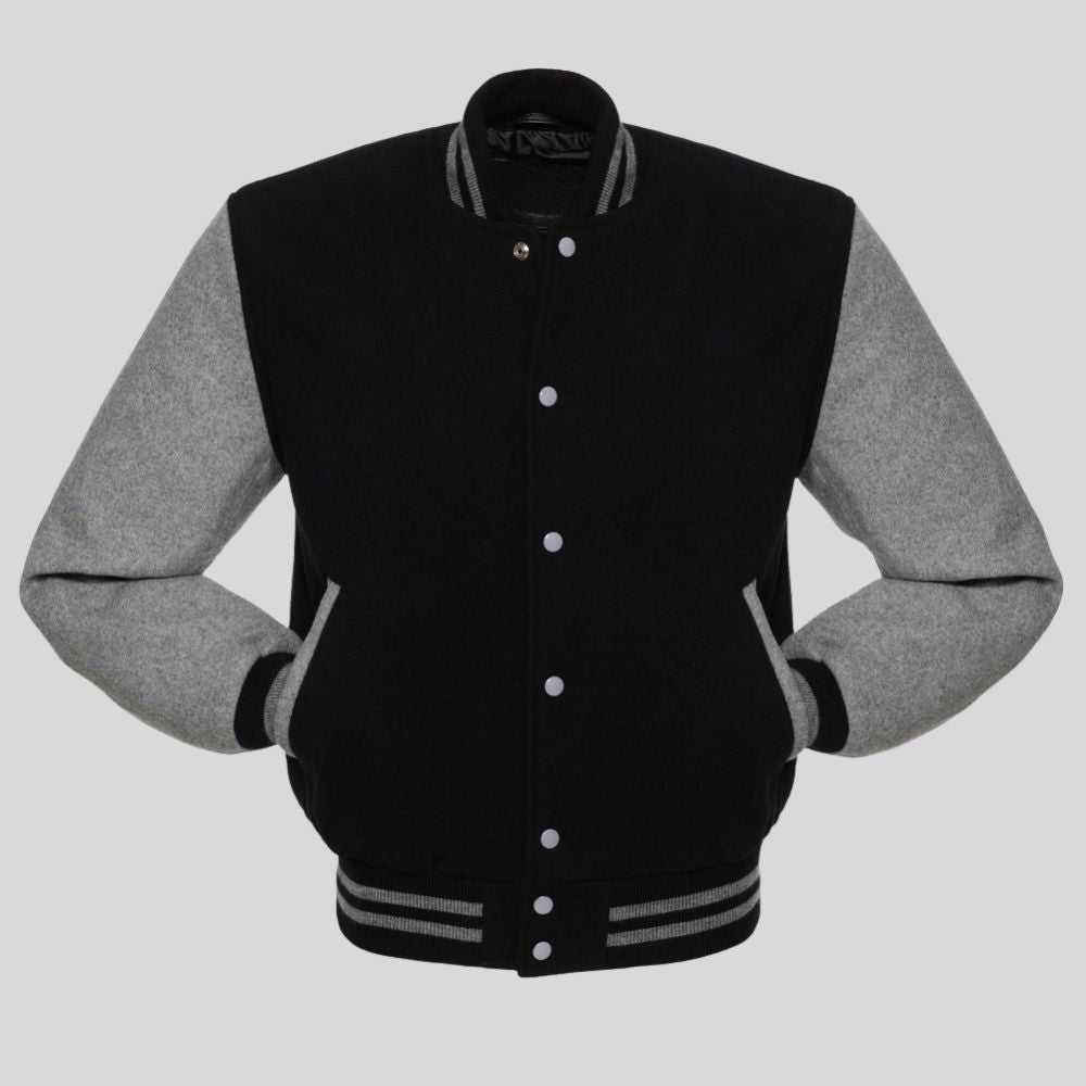 Black and gray varsity jacket on a light gray background