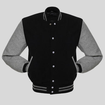 Black and gray varsity jacket on a light gray background