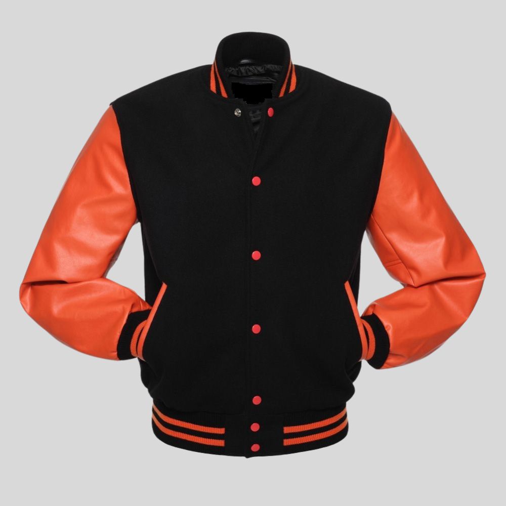 Black letterman jacket with orange sleeves on a gray background