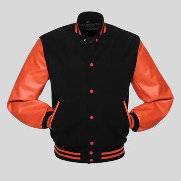 Black letterman jacket with orange sleeves on a gray background