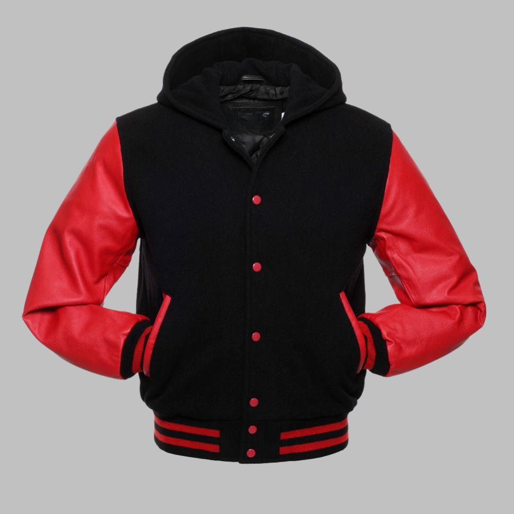Black and red varsity jacket with leather sleeves on a gray background