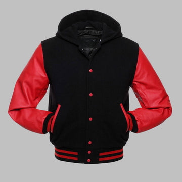 Black and red varsity jacket with leather sleeves on a gray background