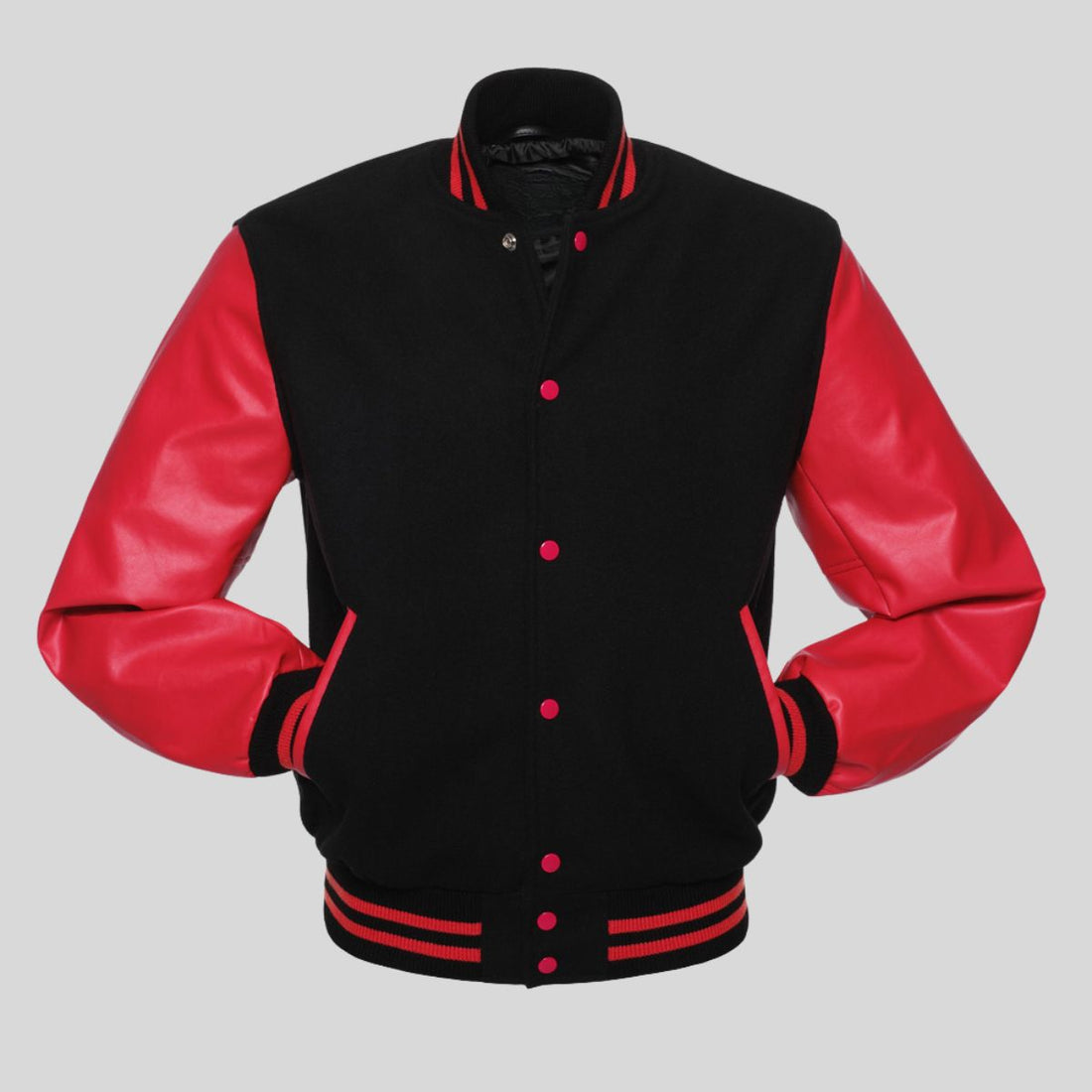 Black and red varsity jacket on a gray background