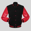 Black and red varsity jacket on a gray background