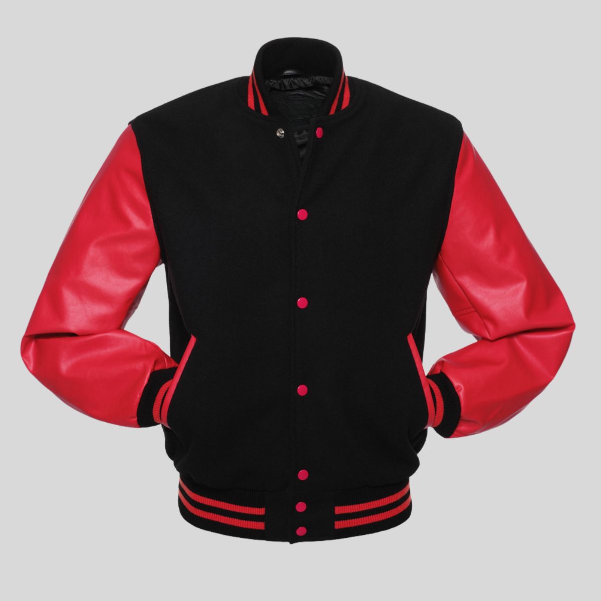 Black and red varsity jacket on a gray background