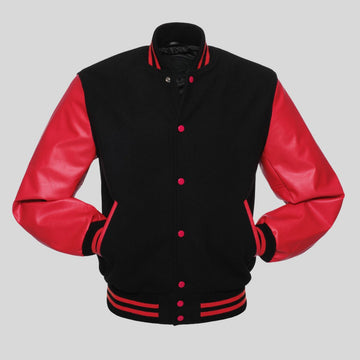 Black and red varsity jacket on a gray background