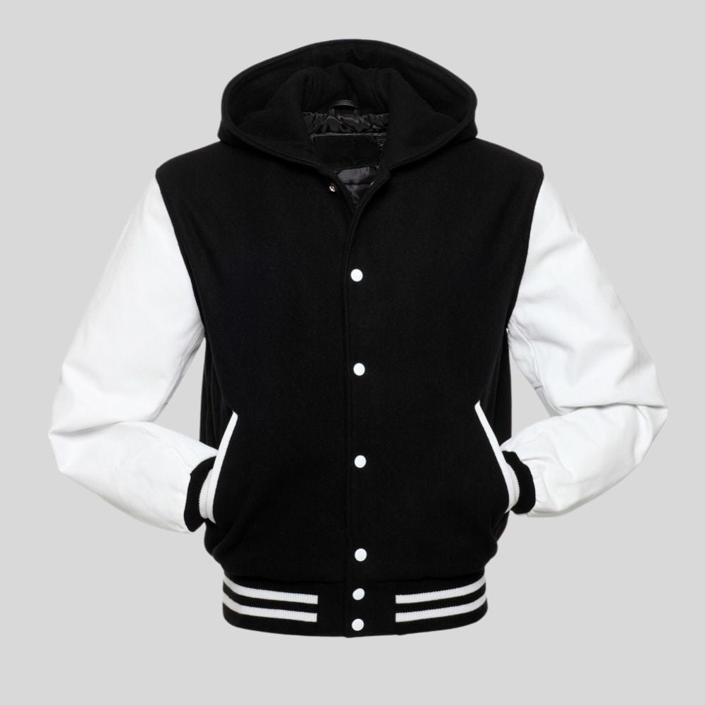 Black and white varsity jacket with a hood on a gray background