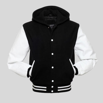 Black and white varsity jacket with a hood on a gray background