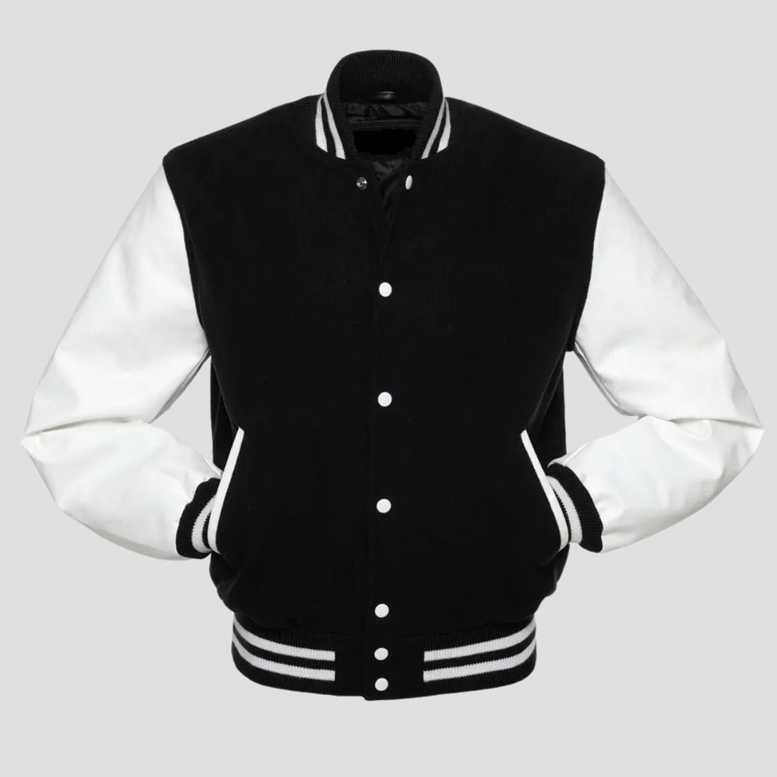 A classic men's varsity jacket with a black wool body and white vinyl sleeves, featuring a traditional snap button closure, rib-knit trim on the collar, cuffs, and waistband, and designed in a black and white color scheme.