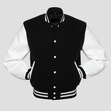 A classic men's varsity jacket with a black wool body and white vinyl sleeves, featuring a traditional snap button closure, rib-knit trim on the collar, cuffs, and waistband, and designed in a black and white color scheme.