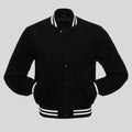 Black varsity jacket with white accents on a light gray background