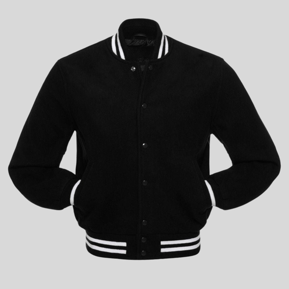 Black varsity jacket with white accents on a light gray background