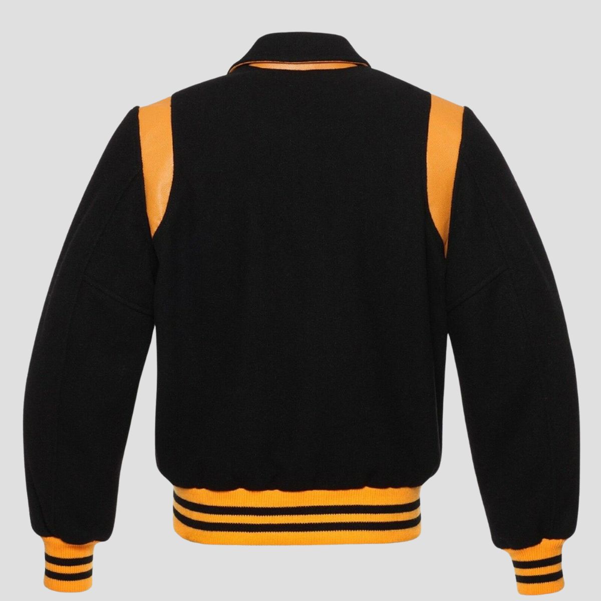 Black yellow wool letterman jacket for men with snap buttons, striped rib waistband, leather trim details, and vintage streetwear look.