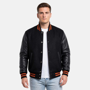 Men’s Black Varsity Leather Jacket Orange Trim Modern Fit