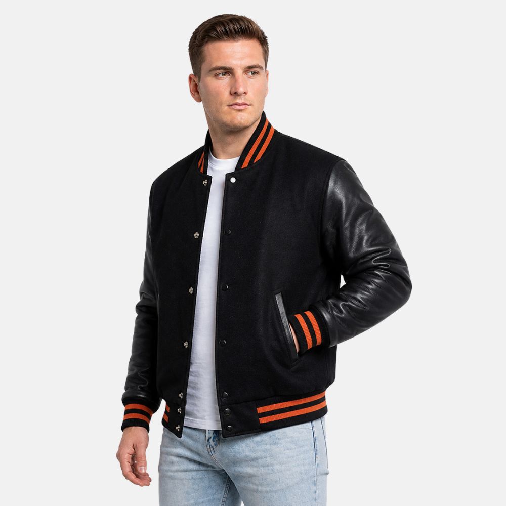 Men’s Black Varsity Leather Jacket Orange Trim Modern Fit