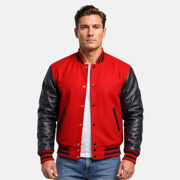 Scarlet Red Wool & Black Leather Sleeves Letterman Jacket