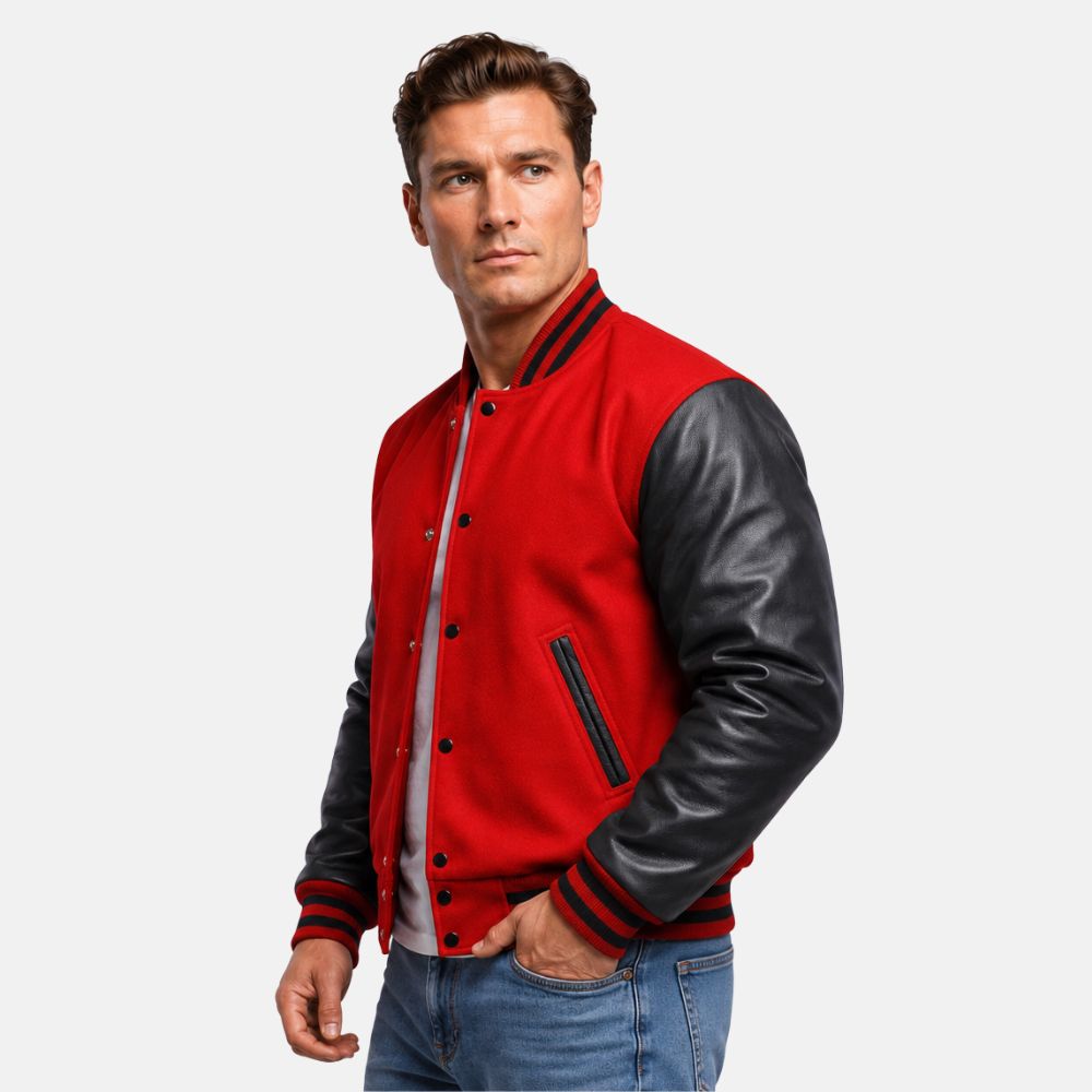 Scarlet Red Wool & Black Leather Sleeves Letterman Jacket