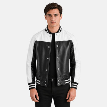 Premium Black White Leather Jacket for Men Bomber Style