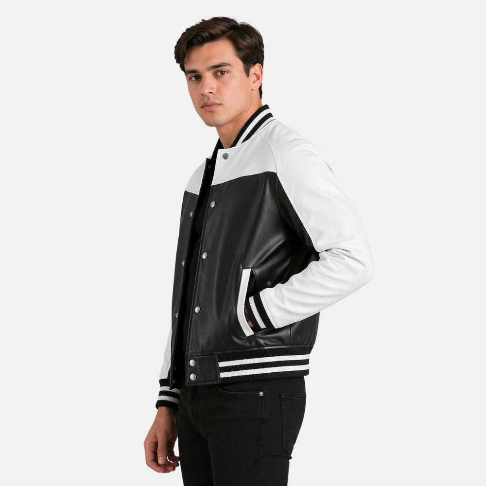 Premium Black White Leather Jacket for Men Bomber Style