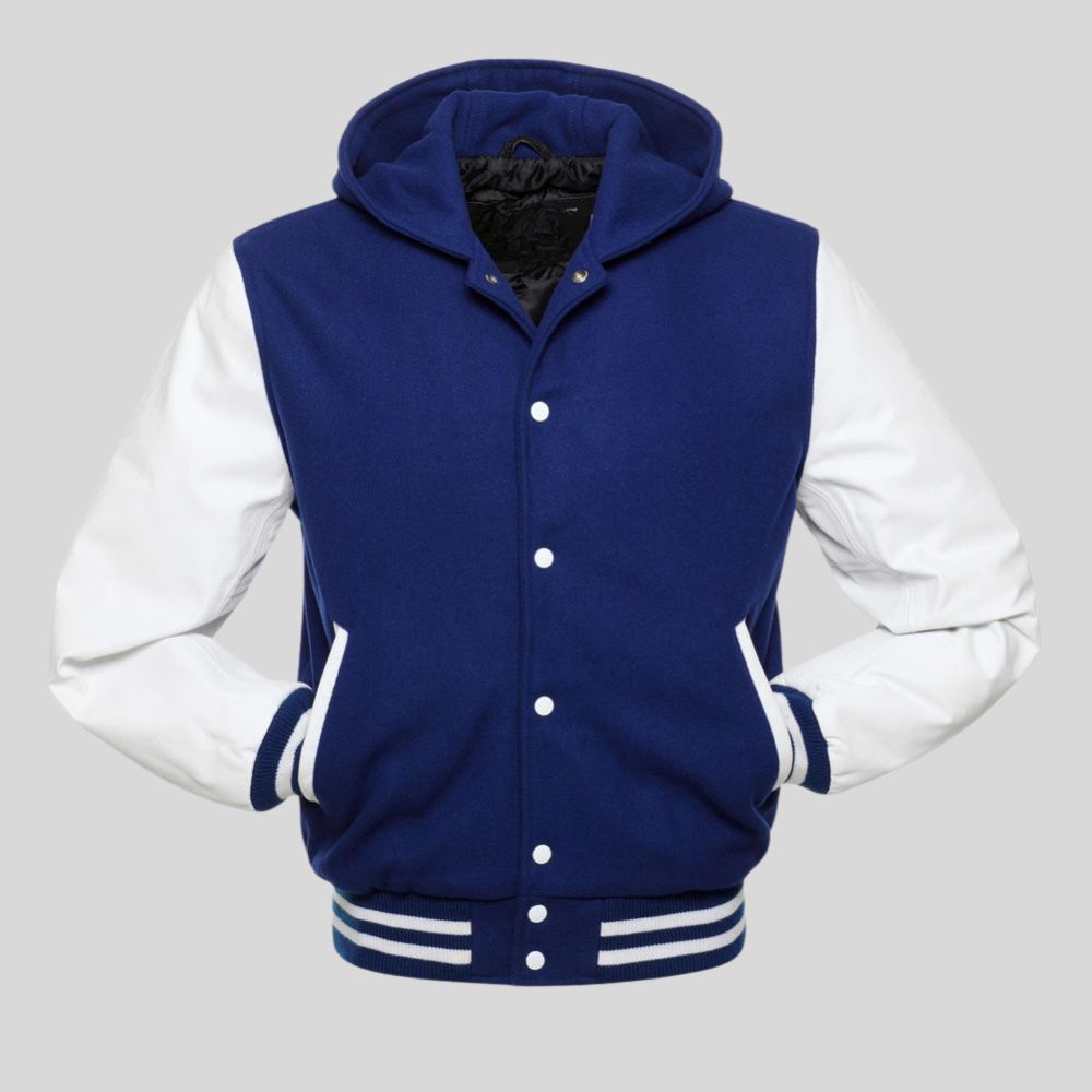 Blue and white varsity jacket on a gray background
