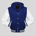 Blue and white varsity jacket on a gray background