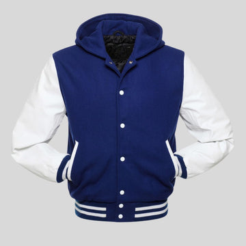 Blue and white varsity jacket on a gray background