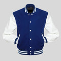 A royal blue wool varsity jacket with white vinyl sleeves and snap button closure, featuring rib-knit trim at the collar, cuffs, and waistband.