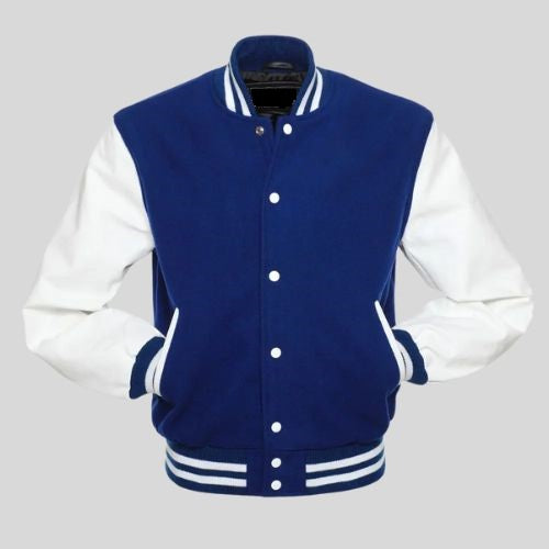 A royal blue wool varsity jacket with white vinyl sleeves and snap button closure, featuring rib-knit trim at the collar, cuffs, and waistband.