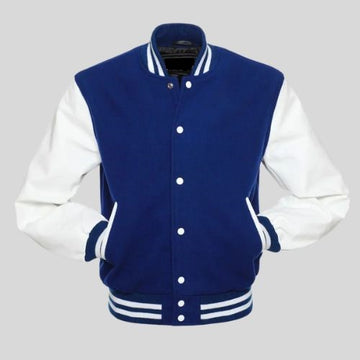 A royal blue wool varsity jacket with white vinyl sleeves and snap button closure, featuring rib-knit trim at the collar, cuffs, and waistband.