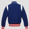 Blue wool letterman jacket for men with white trim, red white striped rib cuffs, button closure, and classic vintage varsity design.