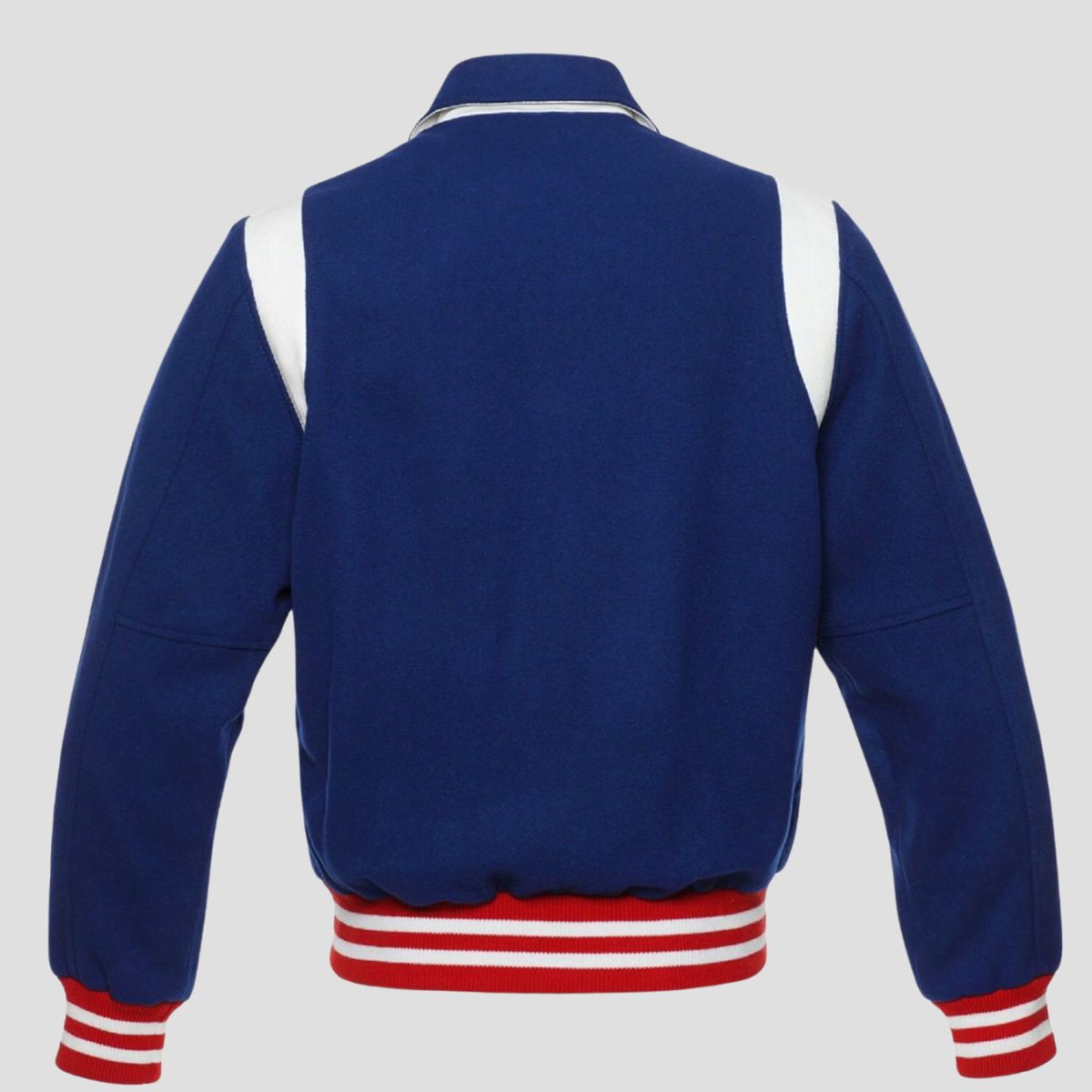 Blue wool letterman jacket for men with white trim, red white striped rib cuffs, button closure, and classic vintage varsity design.