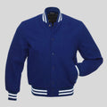 Blue varsity jacket with white stripes on a gray background