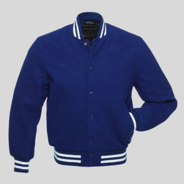 Blue varsity jacket with white stripes on a gray background