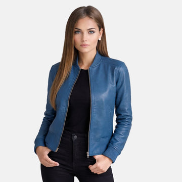 Premium Blue Leather Varsity Jacket for Women Style