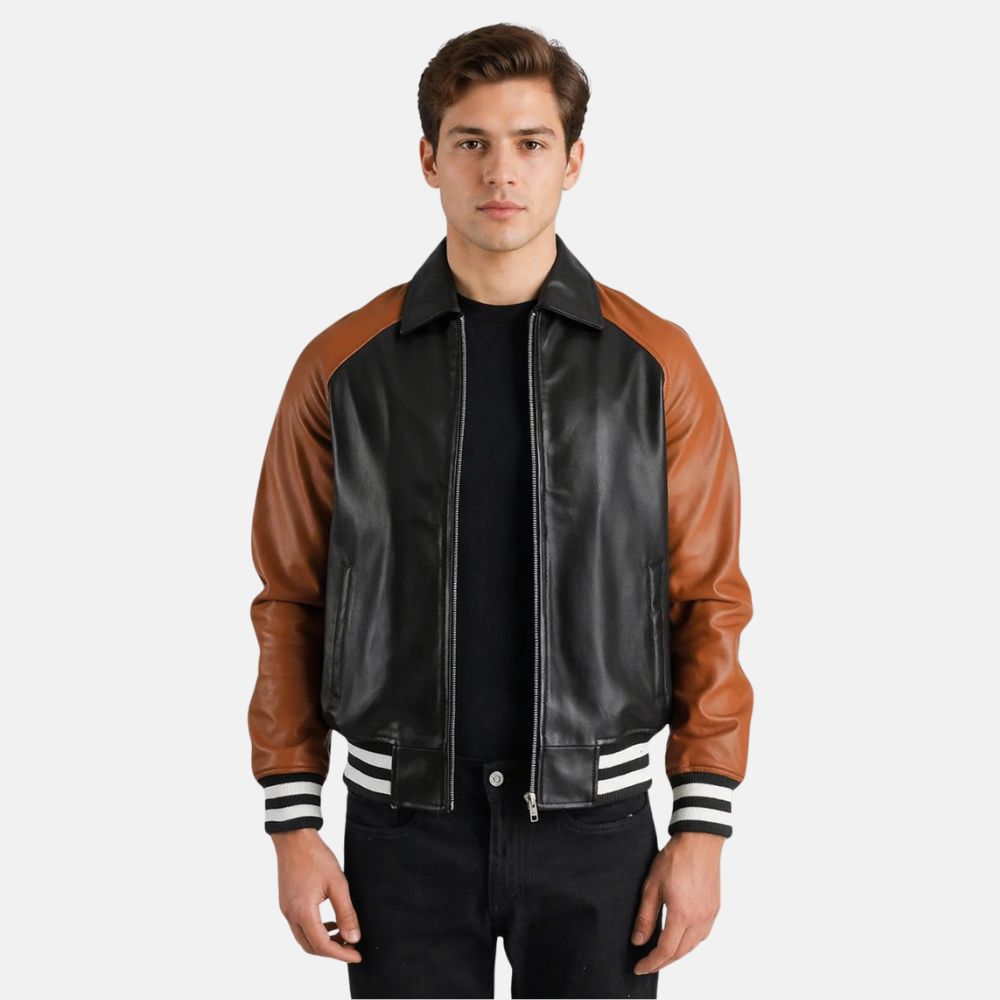 Men’s black and brown leather varsity jacket back view with ribbed hem and cuffs