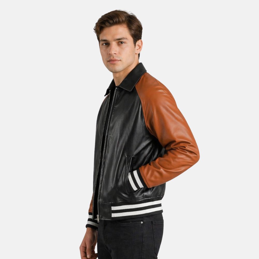 Men’s black and brown leather varsity jacket back view with ribbed hem and cuffs