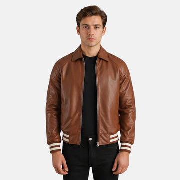 Men’s Premium Brown Leather Bomber Jacket Classic Fit