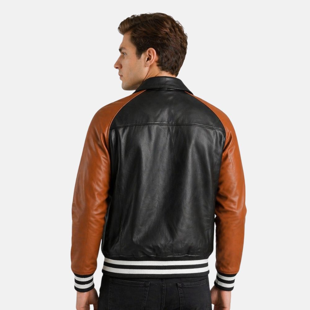 Man wearing a black and brown leather jacket on a white background