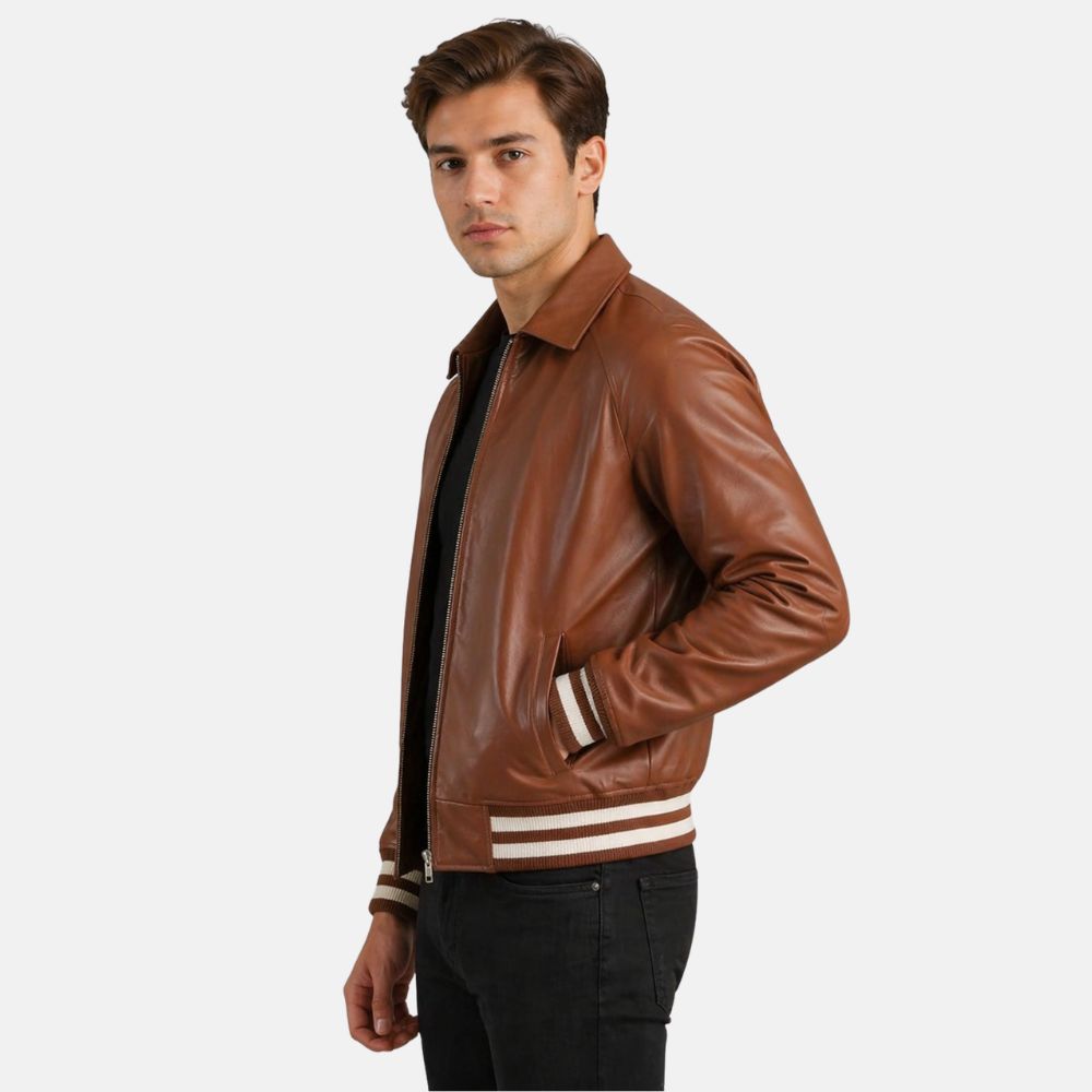 Men’s Premium Brown Leather Bomber Jacket Classic Fit