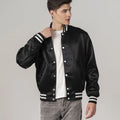 Black satin varsity jacket with white striped trims, ideal for a polished, classic letterman jacket style