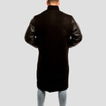 Men's black wool varsity coat with durable black leather sleeves