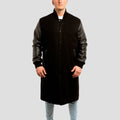 Classic black wool letterman coat with black leather sleeves for men