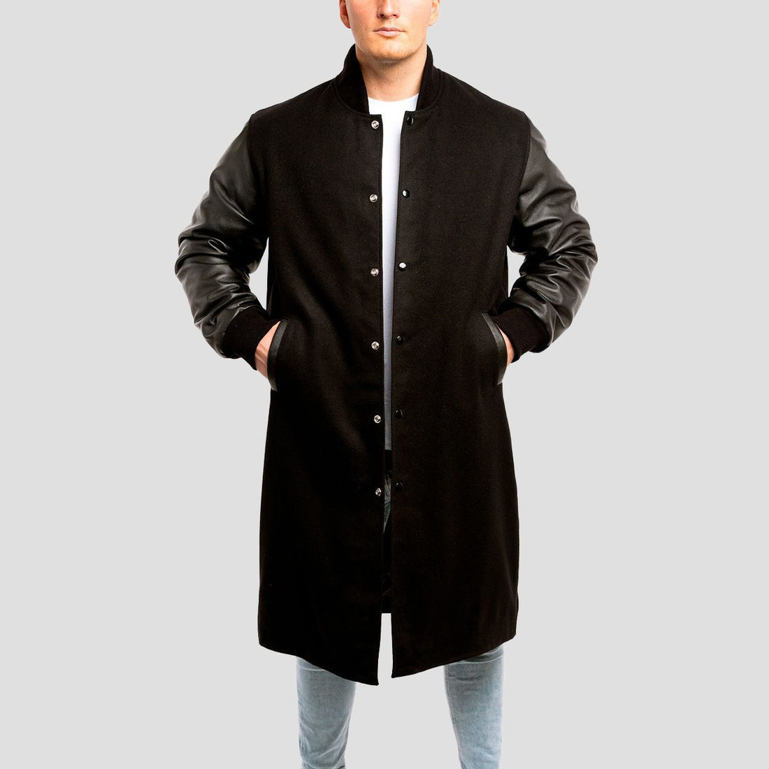 Classic black wool letterman coat with black leather sleeves for men